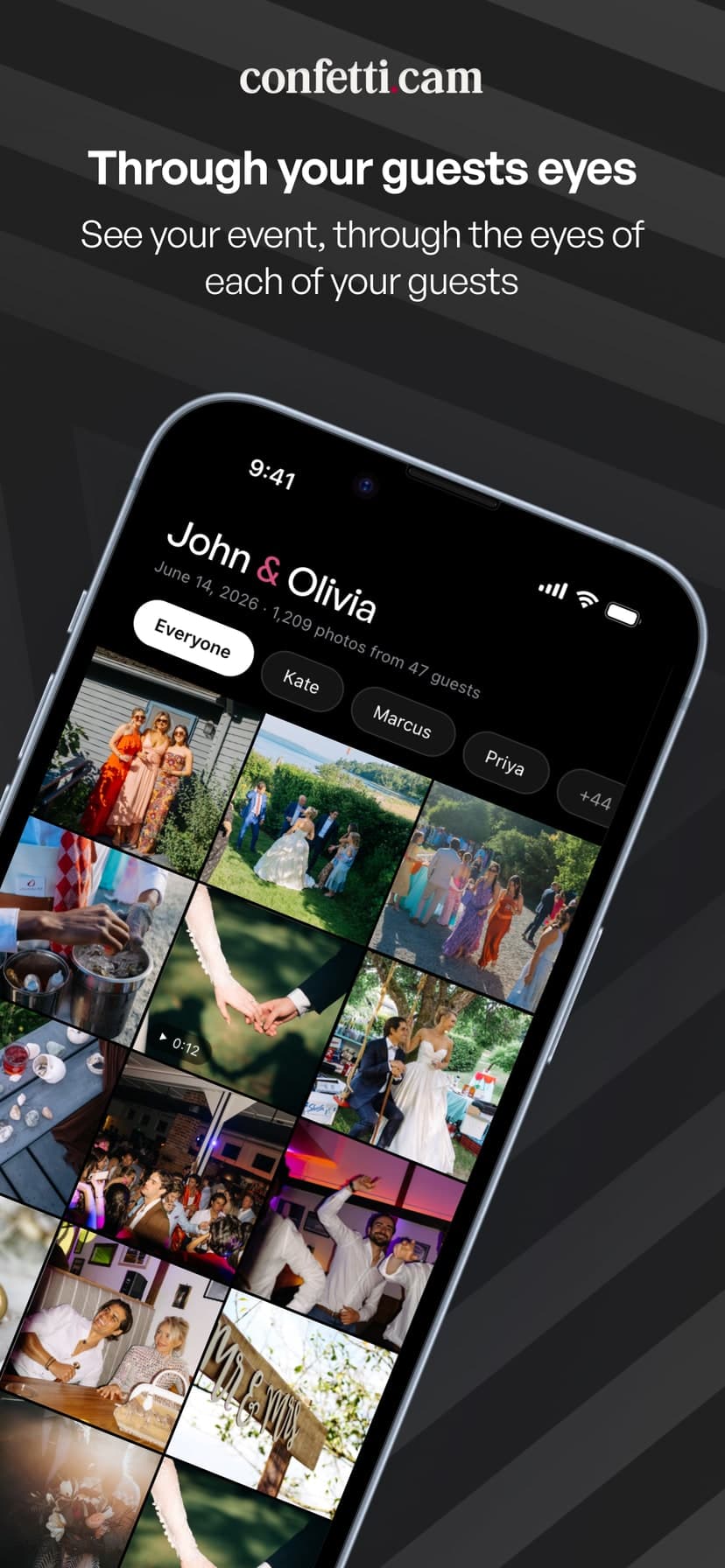 App Store frame — 'Through your guests eyes': the couple album with photos filtered by guest