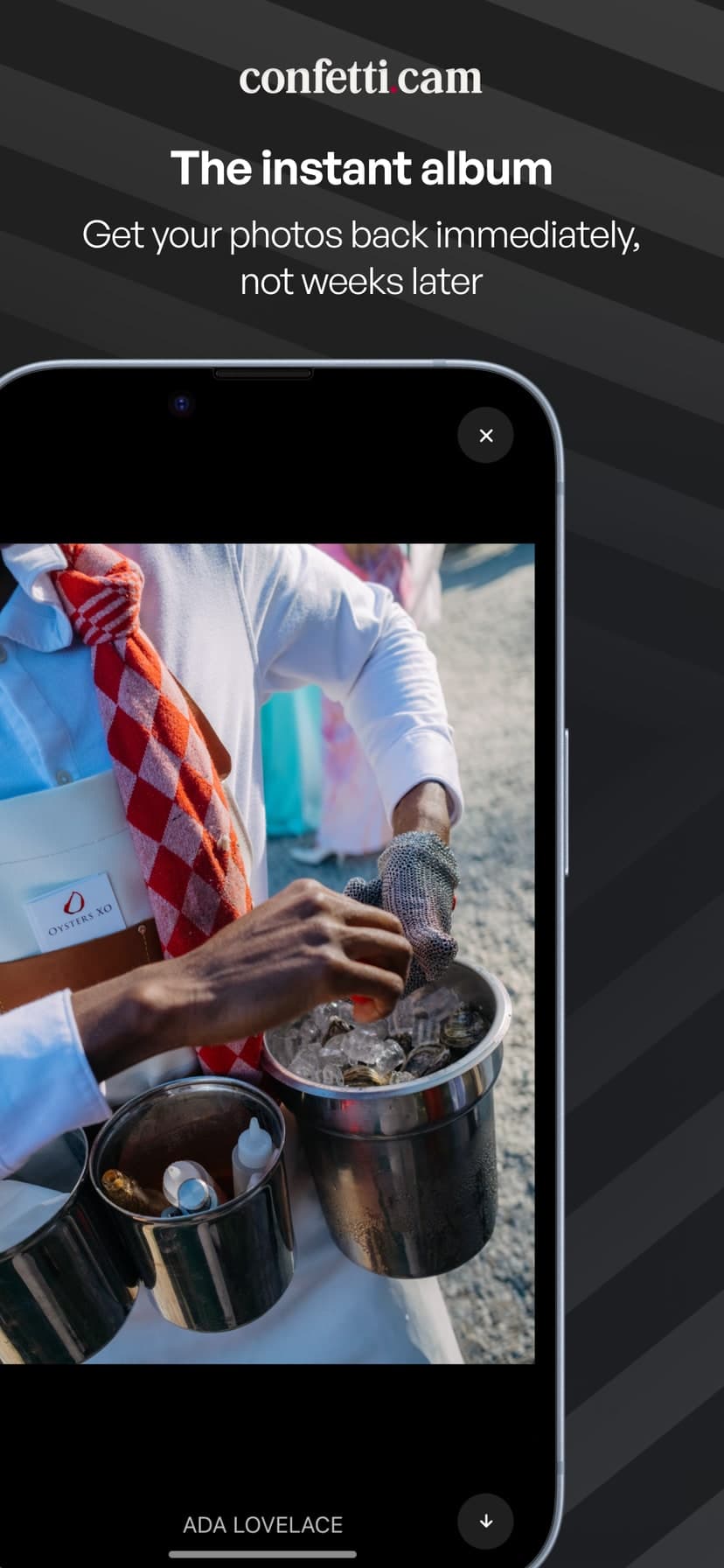 App Store frame — 'The instant album': a photo open full-screen, credited to the guest who took it