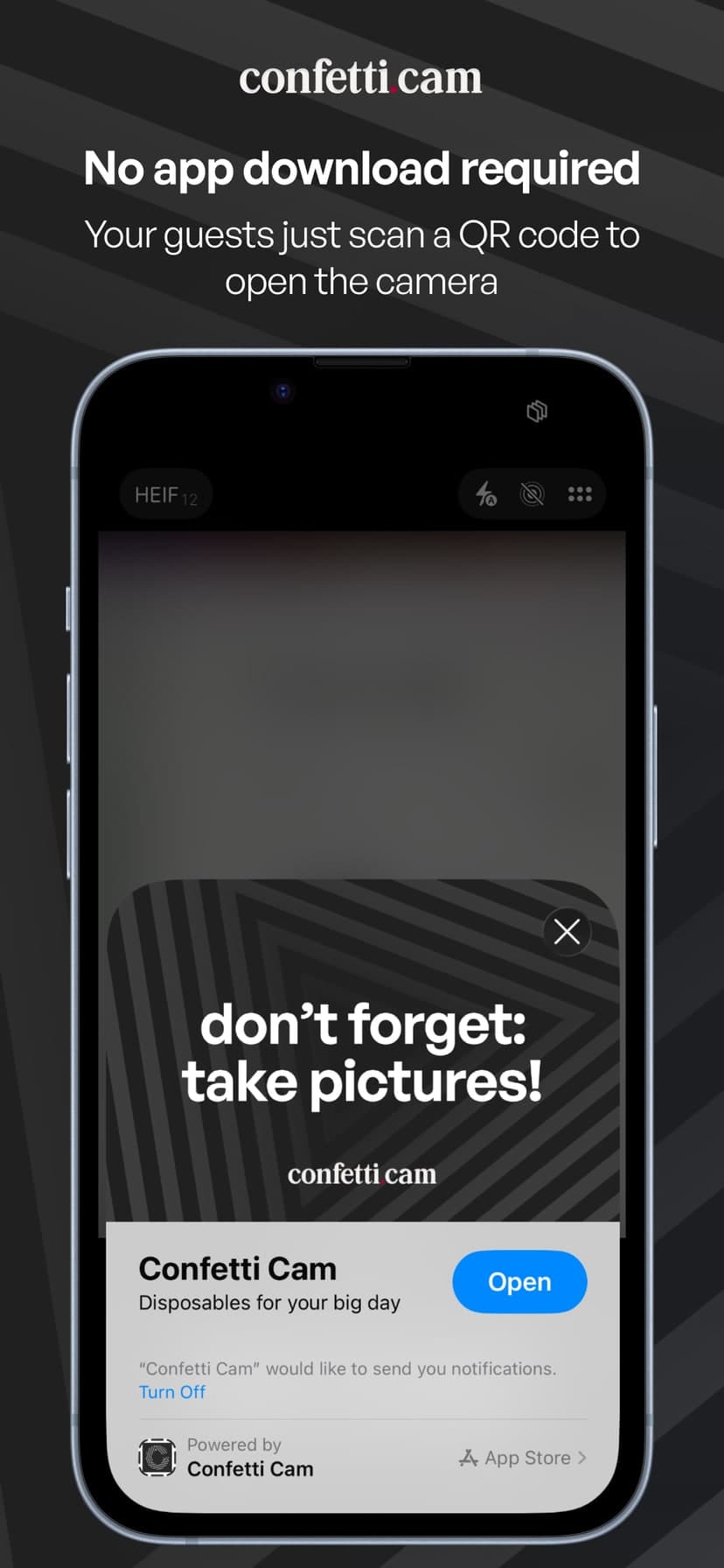 App Store frame — 'No app download required': the Confetti Cam App Clip card over the iPhone camera